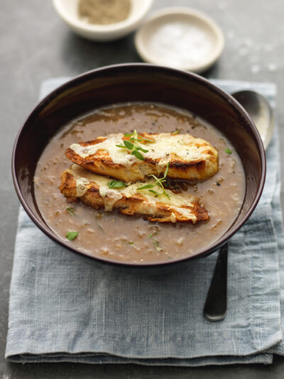 onion soup in bowl