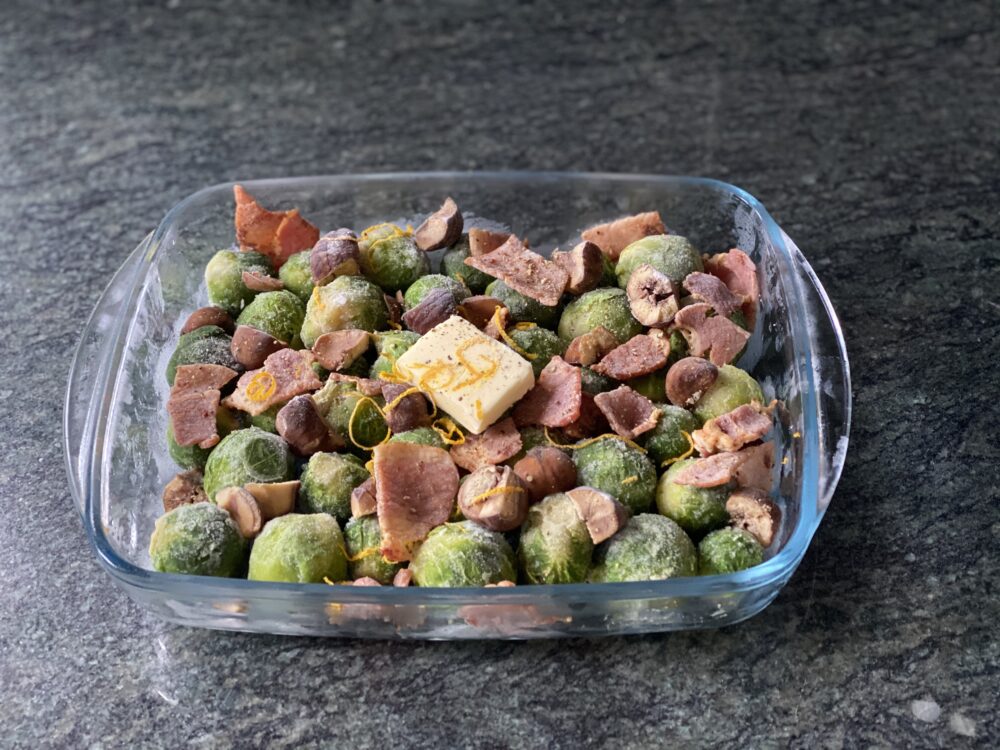 frozen Brussels sprouts, lightly fried bacon, chunks of cooked chestnut